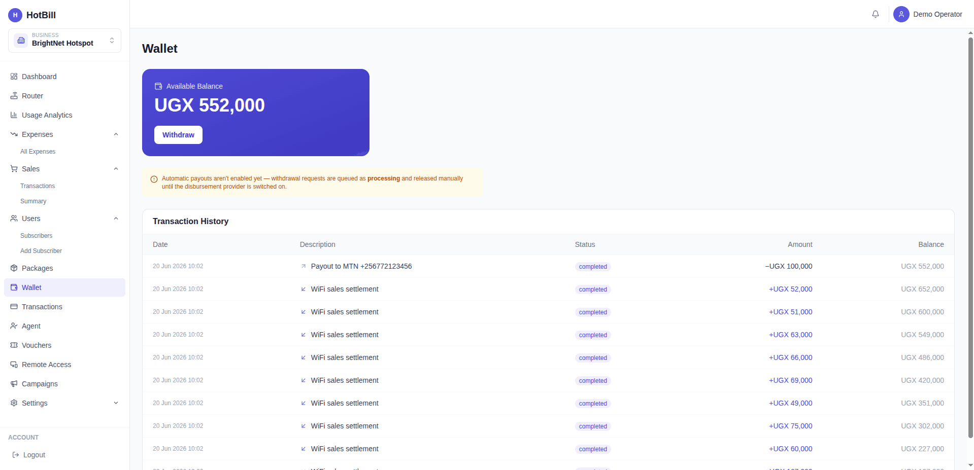 HotBill Wallet & Payouts